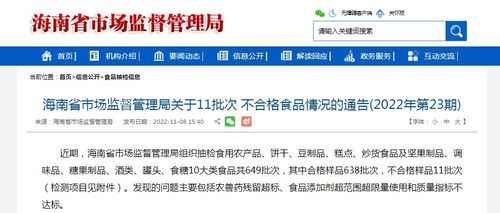 海南省市場監督管理局關于11批次不合格食品情況的通告（2022年第23期）